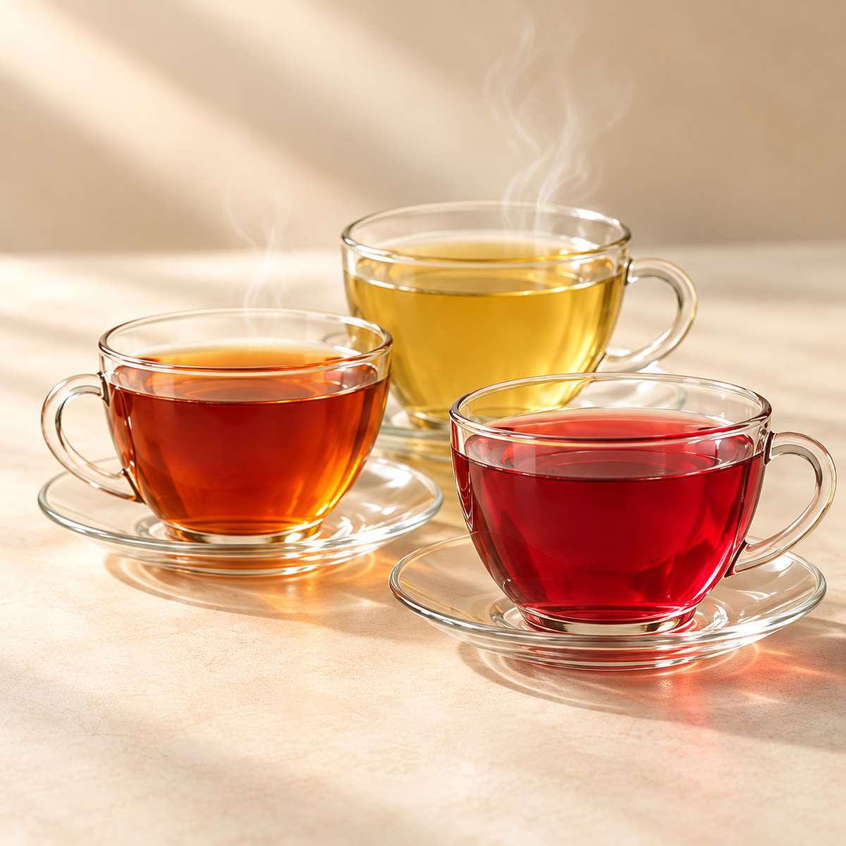 All Teas collection: brewed tea with complementary ingredients on a warm cream background