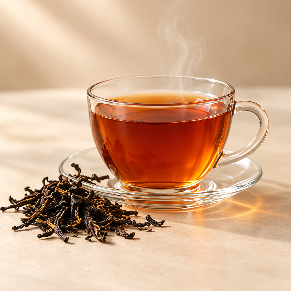 Black Teas collection: brewed tea with complementary ingredients on a warm cream background
