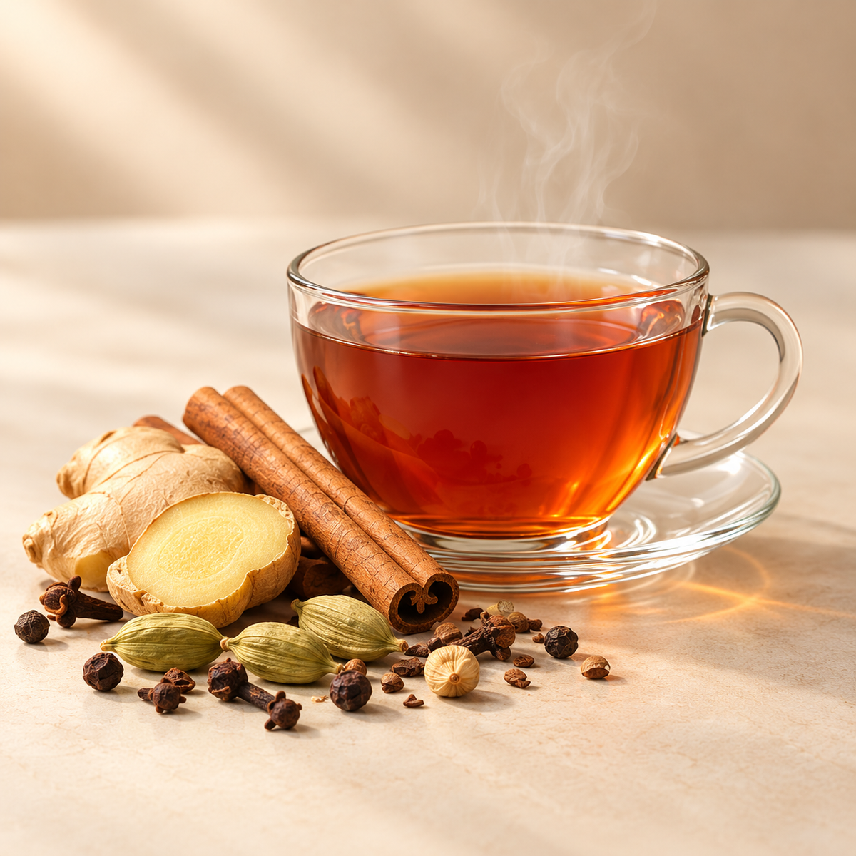 Chai Teas collection: brewed tea with complementary ingredients on a warm cream background