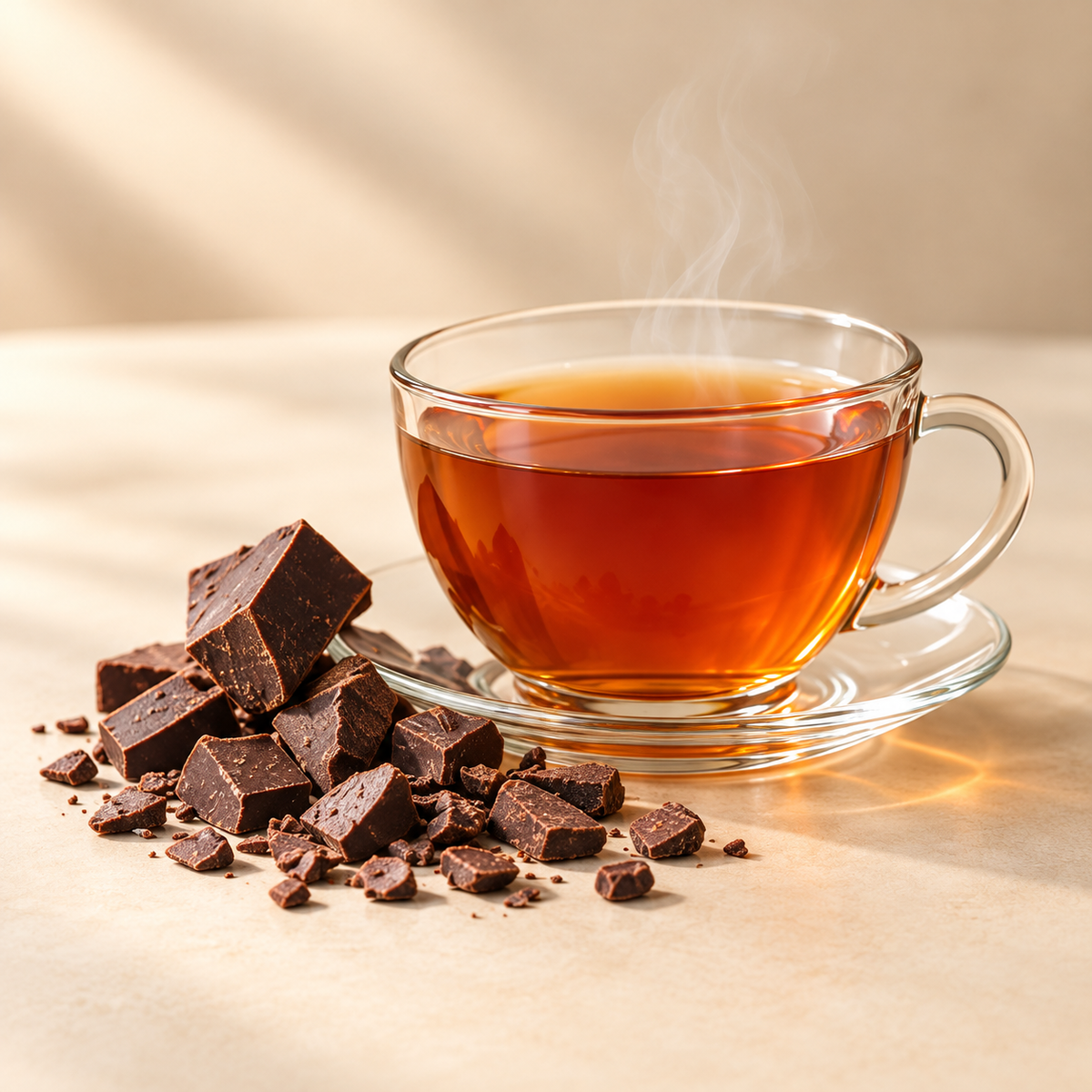 Chocolate Teas collection: brewed tea with complementary ingredients on a warm cream background