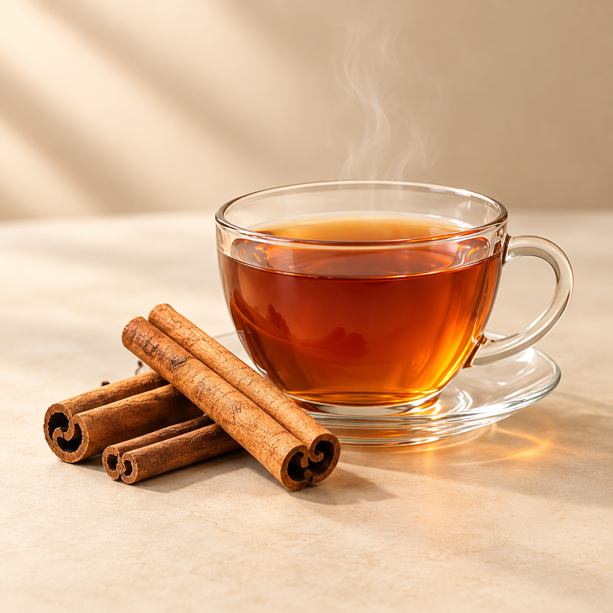 Cinnamon Teas collection: brewed tea with complementary ingredients on a warm cream background