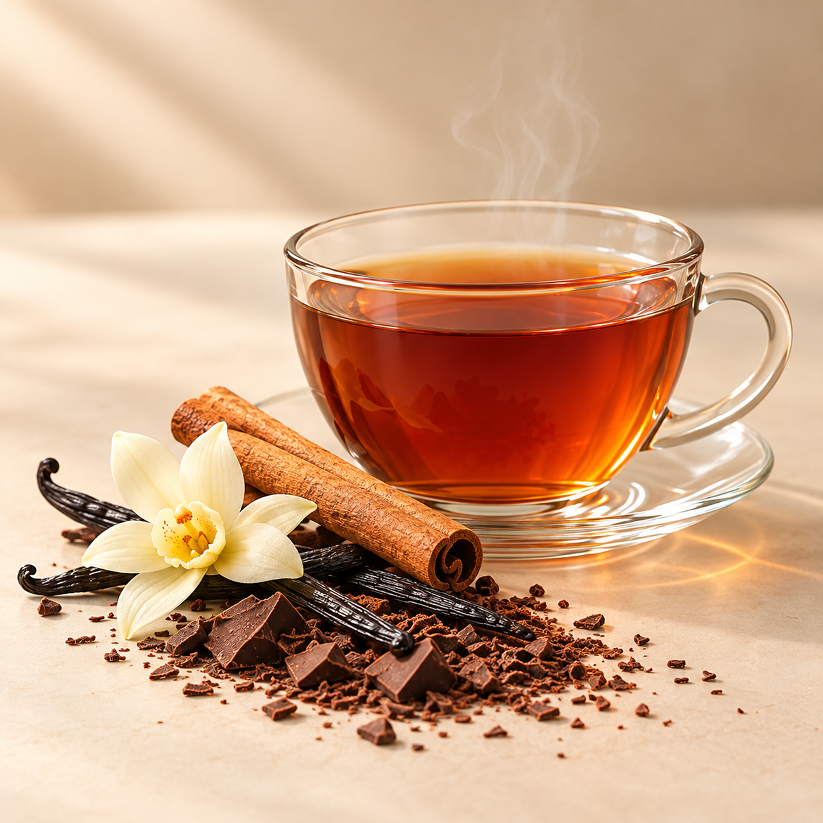 Dessert Tea collection: brewed tea with complementary ingredients on a warm cream background