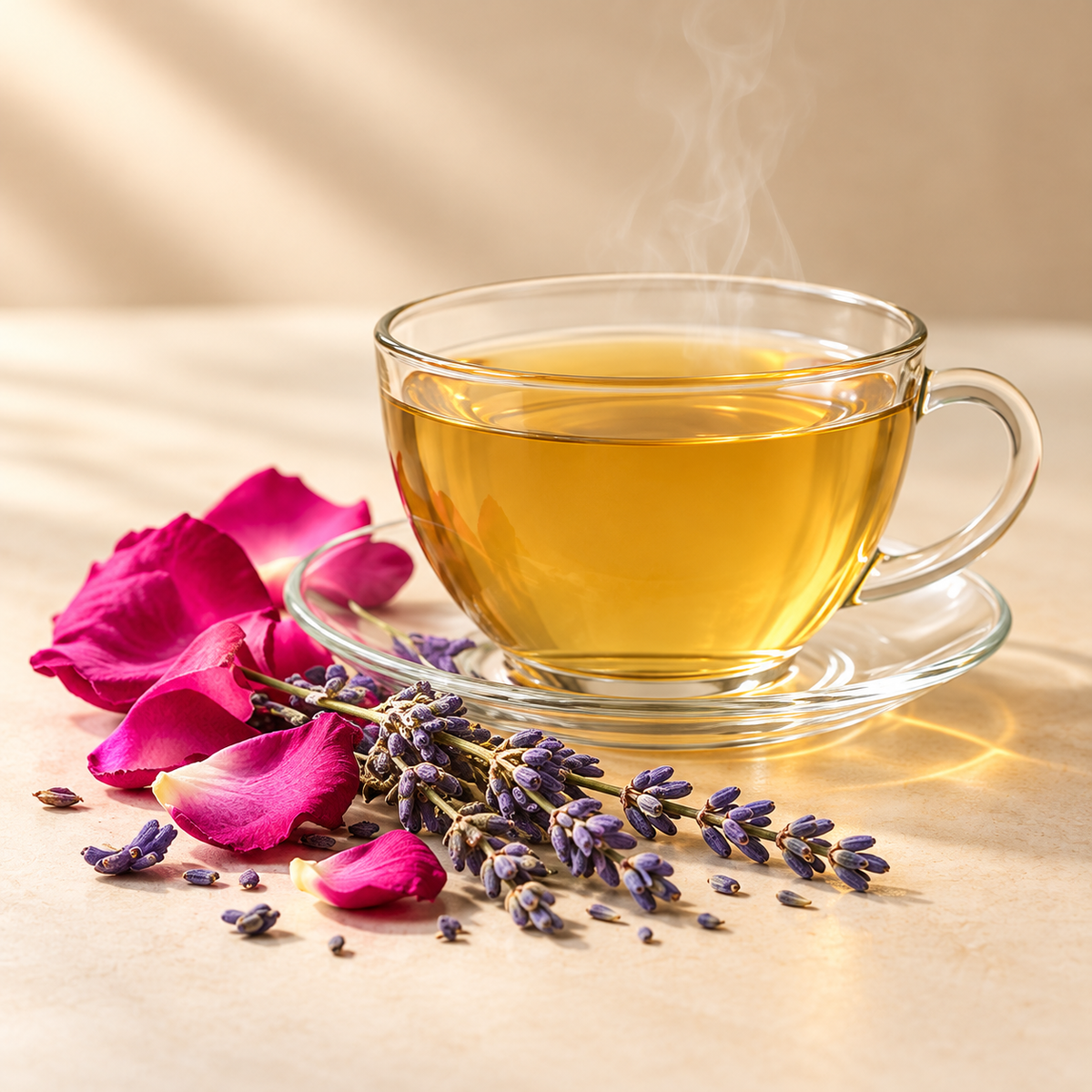 Floral Teas collection: brewed tea with complementary ingredients on a warm cream background