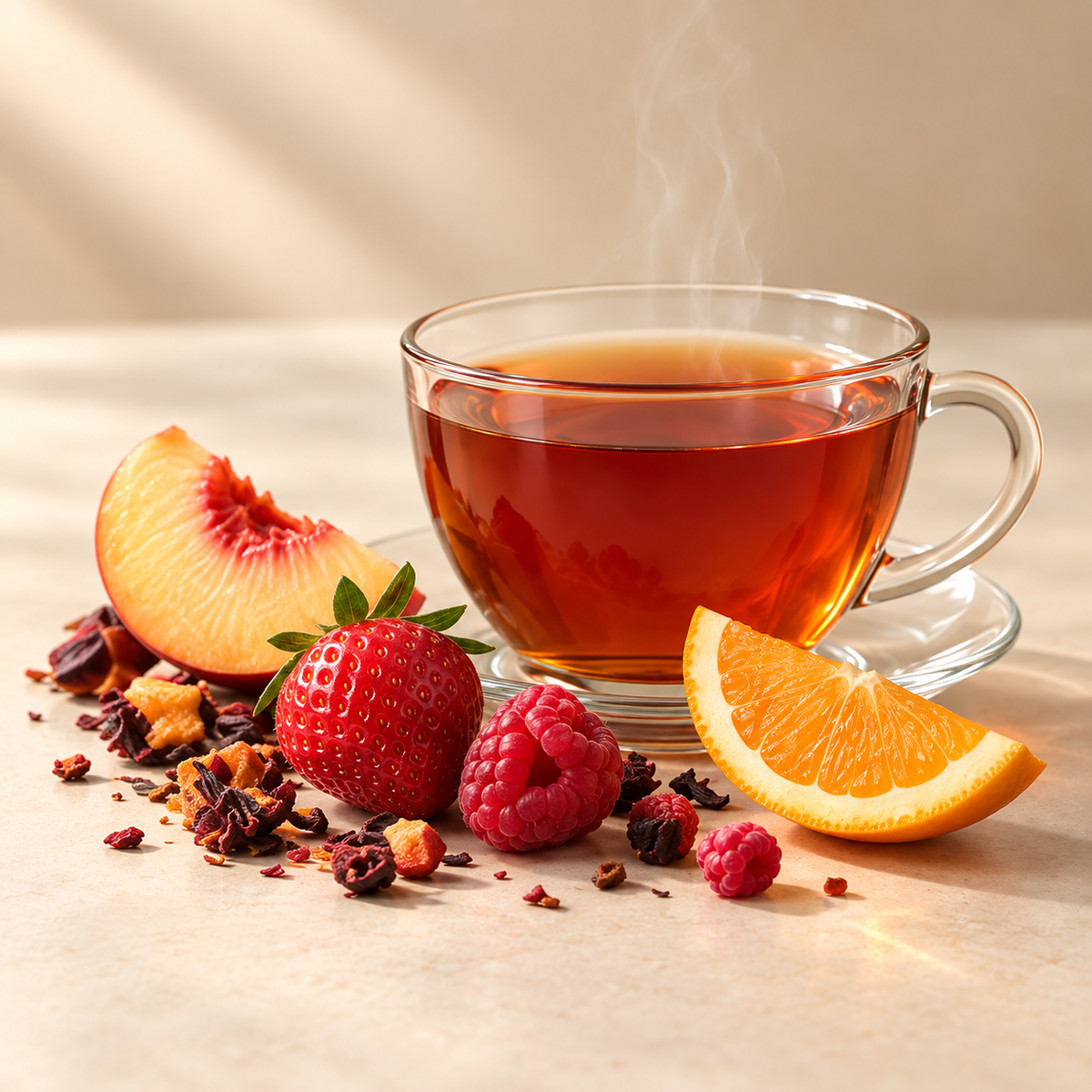 Fruity Teas collection: brewed tea with complementary ingredients on a warm cream background