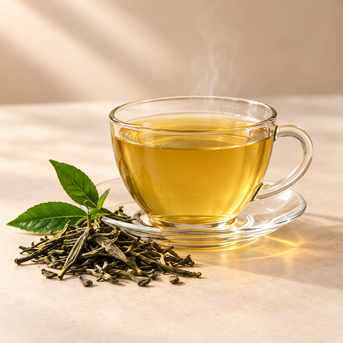 Green Teas collection: brewed tea with complementary ingredients on a warm cream background