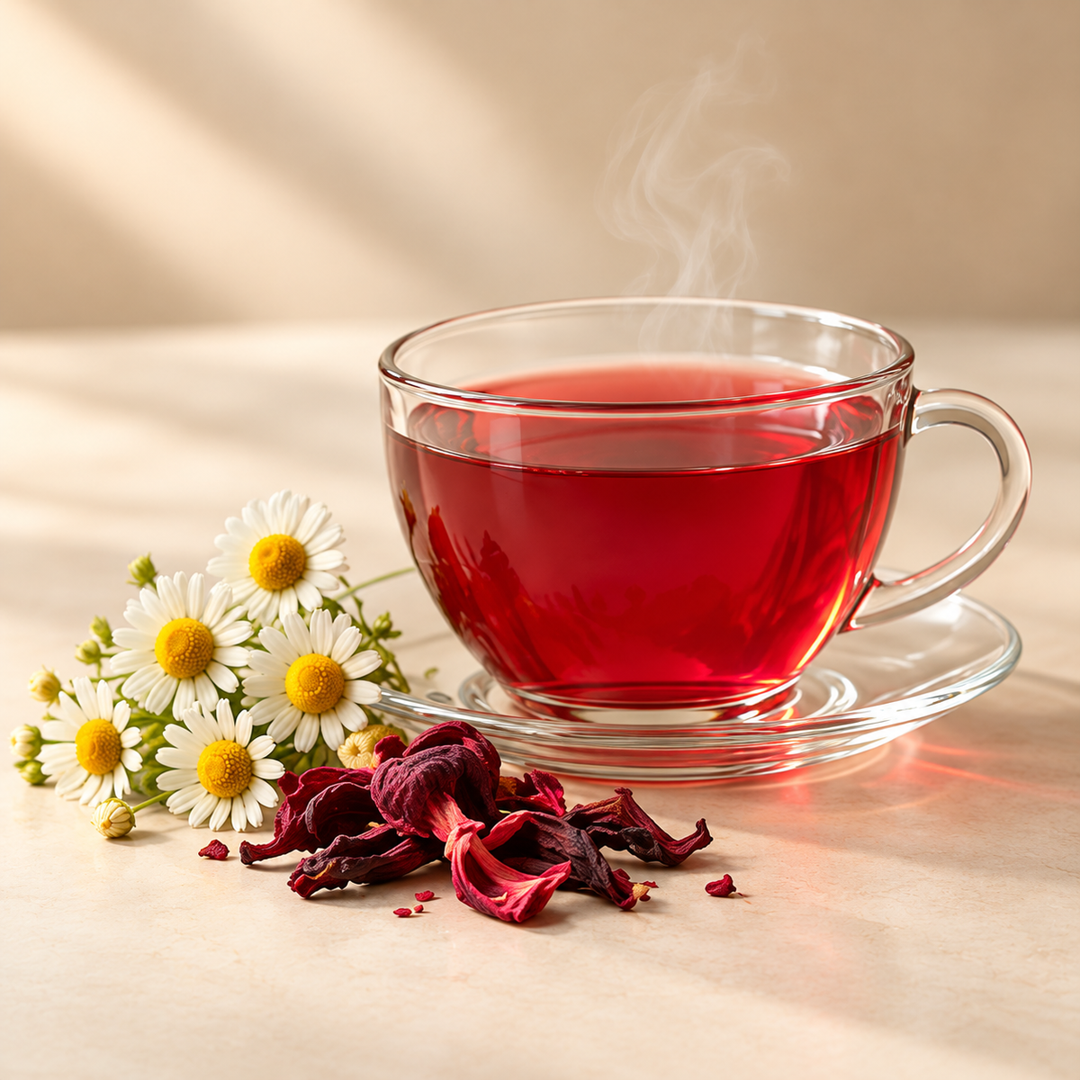 Herbal & Caffeine Free collection: brewed tea with complementary ingredients on a warm cream background
