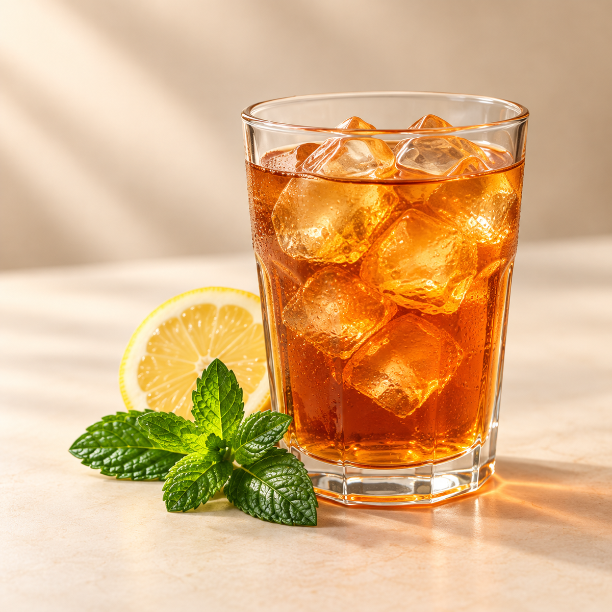 Iced Teas collection: brewed tea with complementary ingredients on a warm cream background
