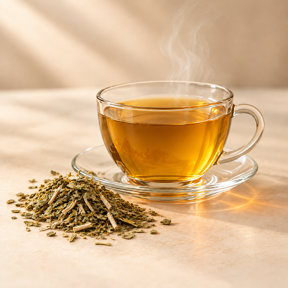 Golden amber yerba mate in a clear glass cup beside dried mate leaves on a warm cream background