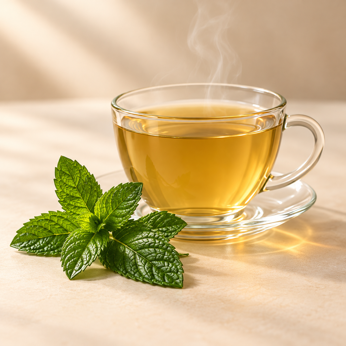 Mint Teas collection: brewed tea with complementary ingredients on a warm cream background