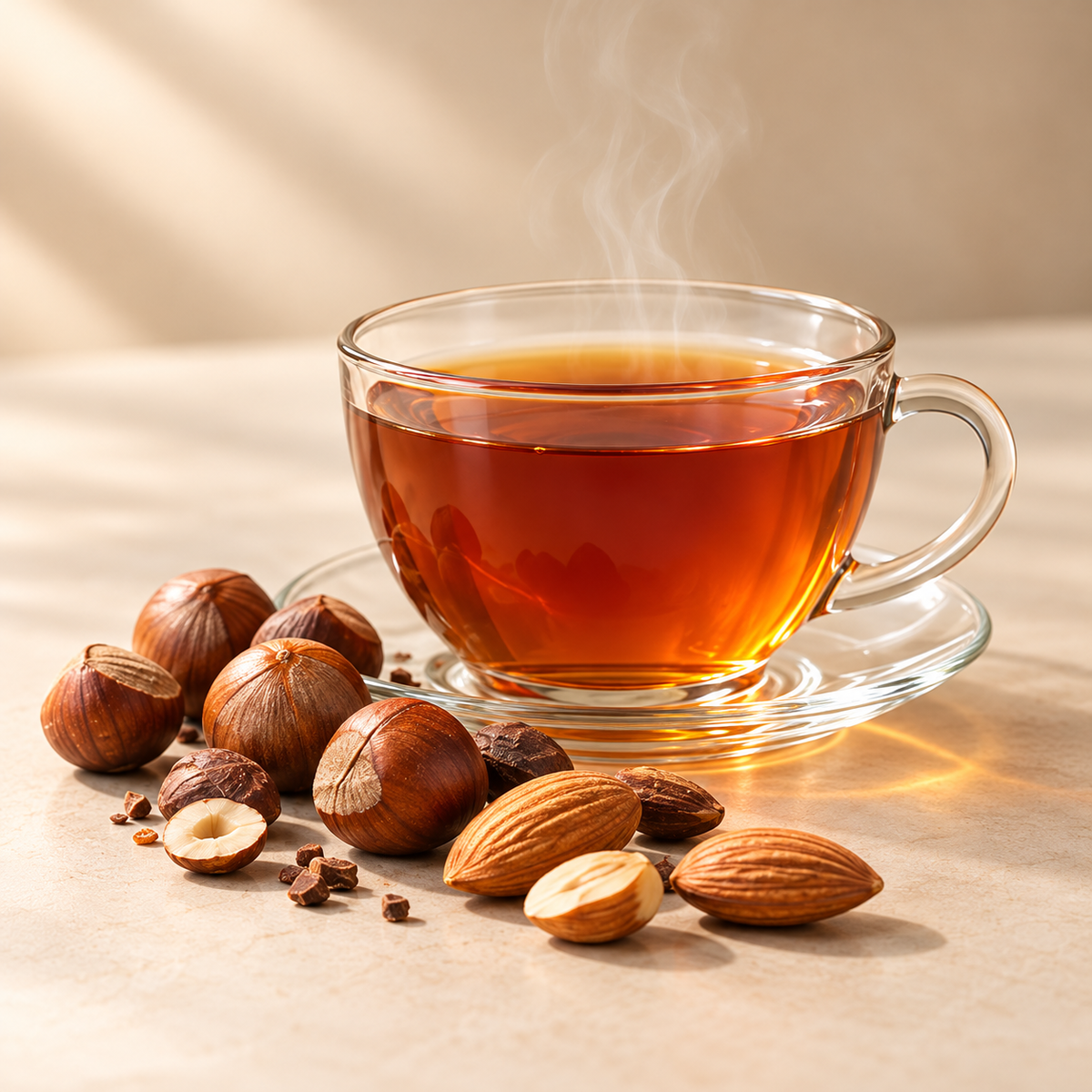 Nutty Teas collection: brewed tea with complementary ingredients on a warm cream background