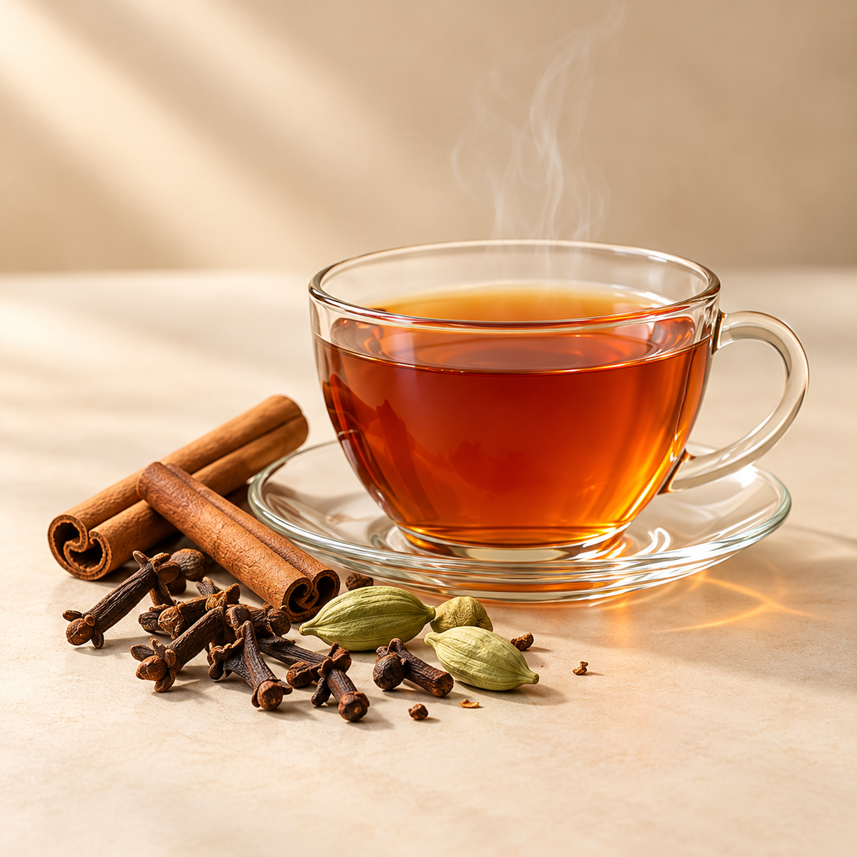 Spiced Teas collection: brewed tea with complementary ingredients on a warm cream background
