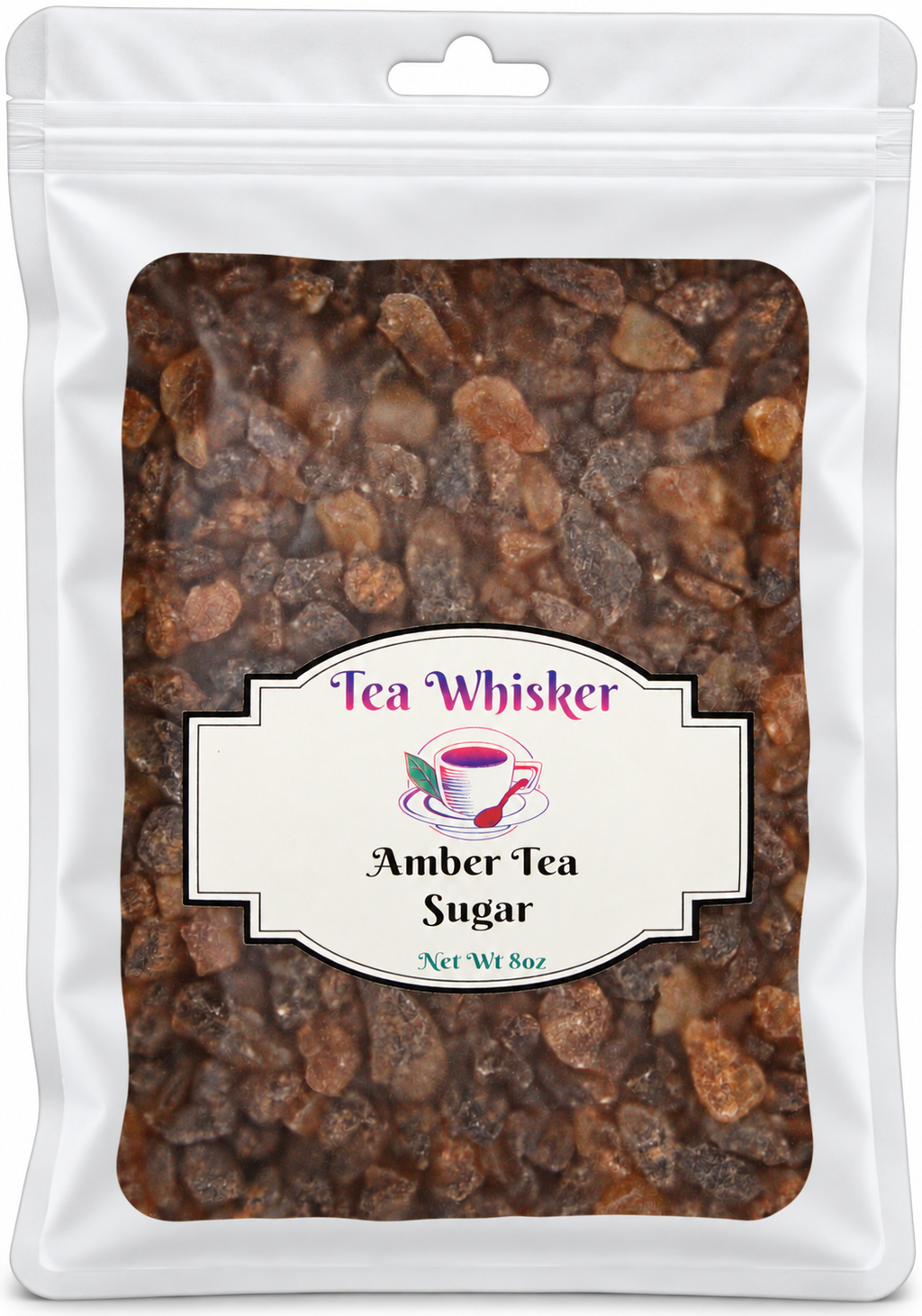 Tea Whisker Amber Tea Sugar 8 oz white pouch with softly shaded edges and visible amber-brown sugar crystals