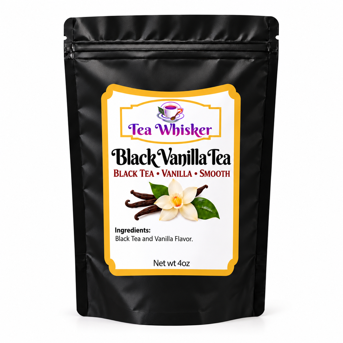 Tea Whisker Black Vanilla Tea bag on white