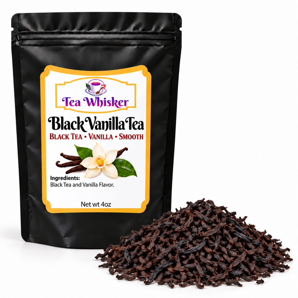 Tea Whisker Black Vanilla Tea bag beside a pile of loose black tea