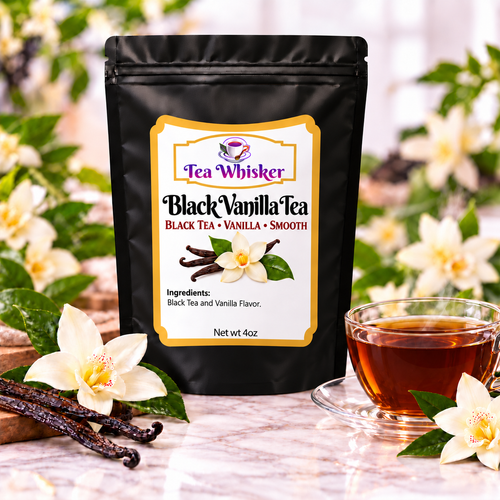 Tea Whisker Black Vanilla Tea bag with a cup of deep amber black tea