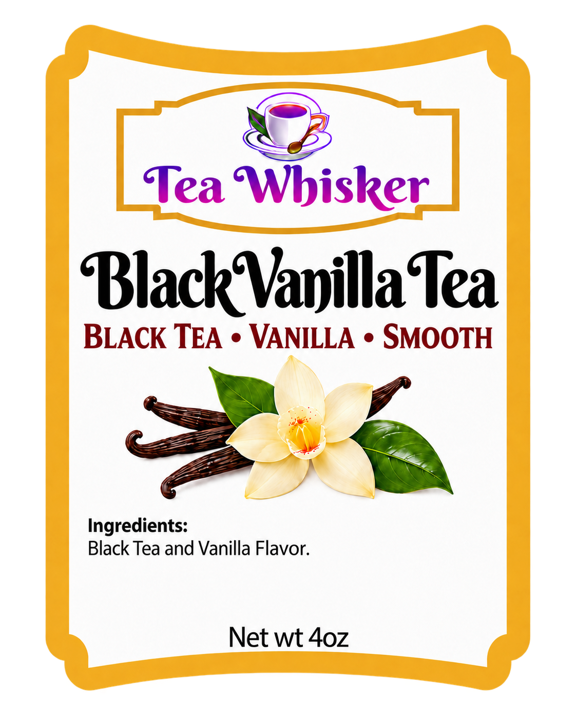 Black Vanilla Tea label with black tea and vanilla flavor ingredients