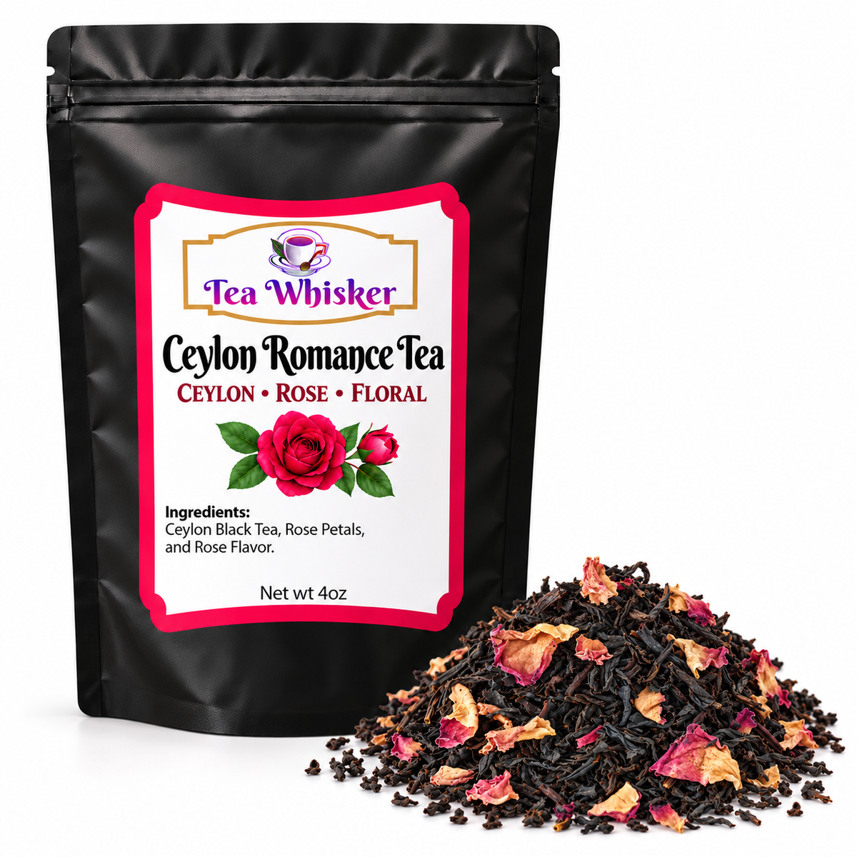 Ceylon Romance Tea bag beside loose tea