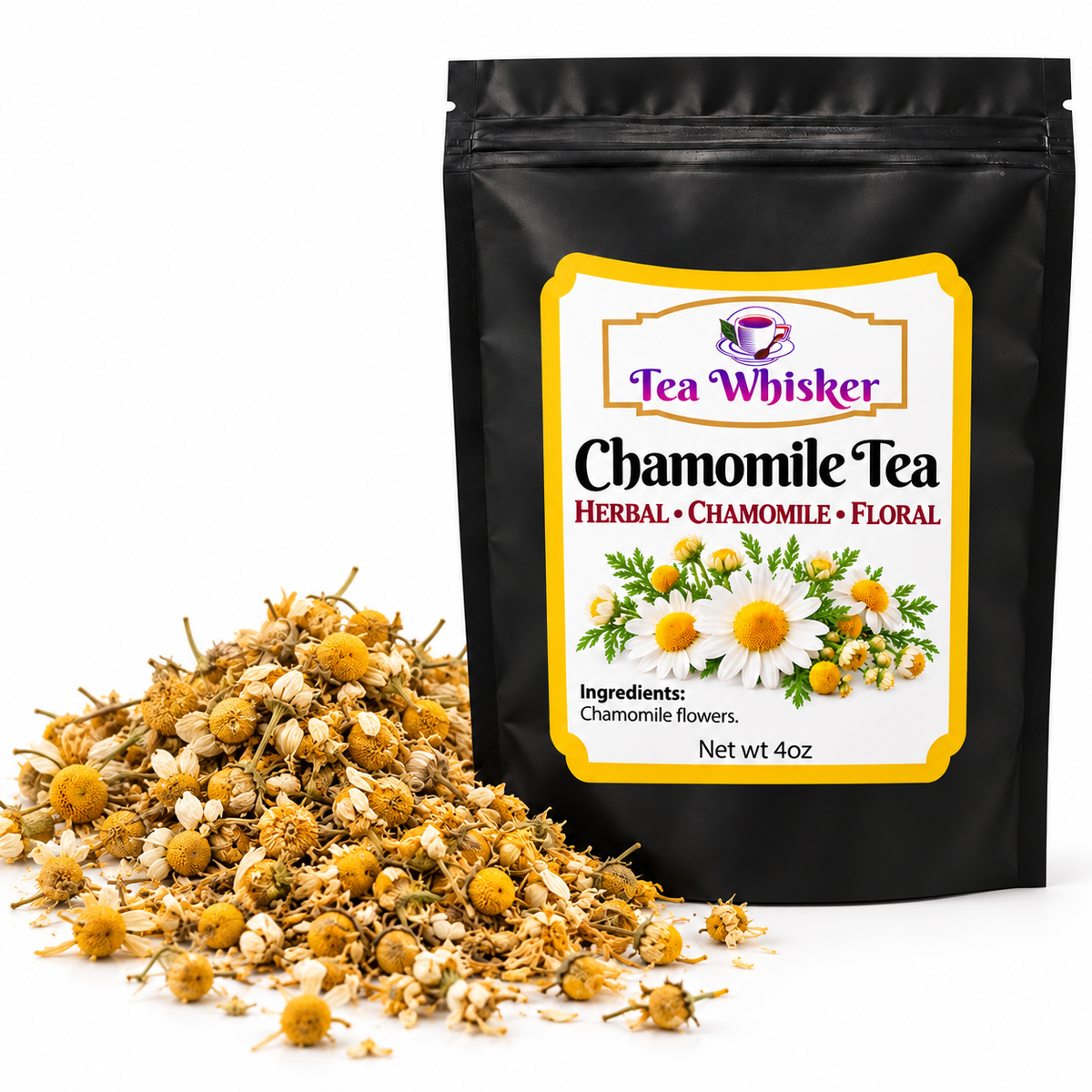 Tea Whisker Chamomile Tea bag beside dried chamomile flowers