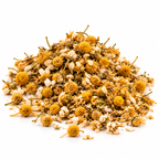 Loose dried chamomile flowers on white background