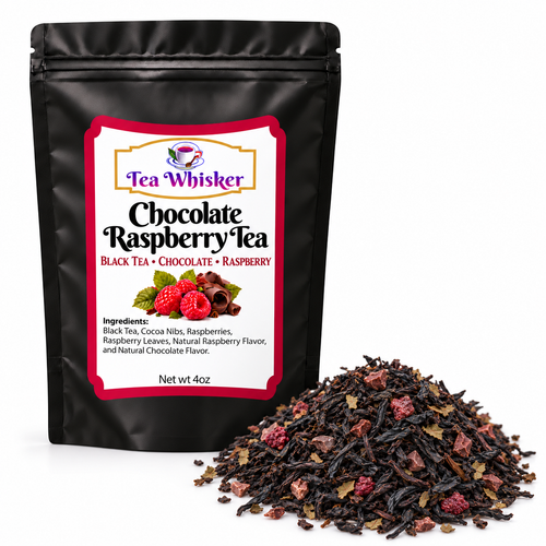Chocolate Raspberry Tea bag beside loose tea