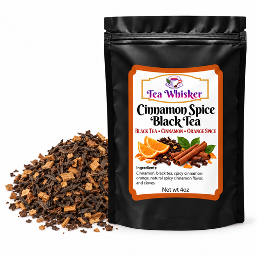 Tea Whisker Cinnamon Spice Black Tea bag beside loose tea