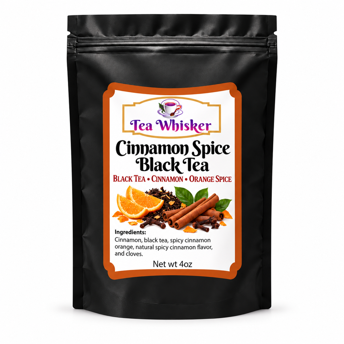 Tea Whisker Cinnamon Spice Black Tea bag on white background