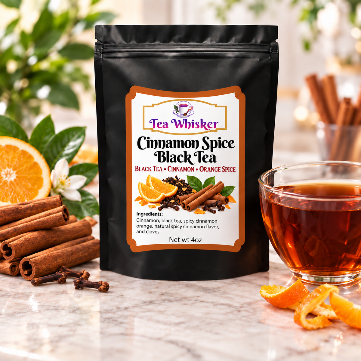 Tea Whisker Cinnamon Spice Black Tea bag beside a cup of deep amber black tea