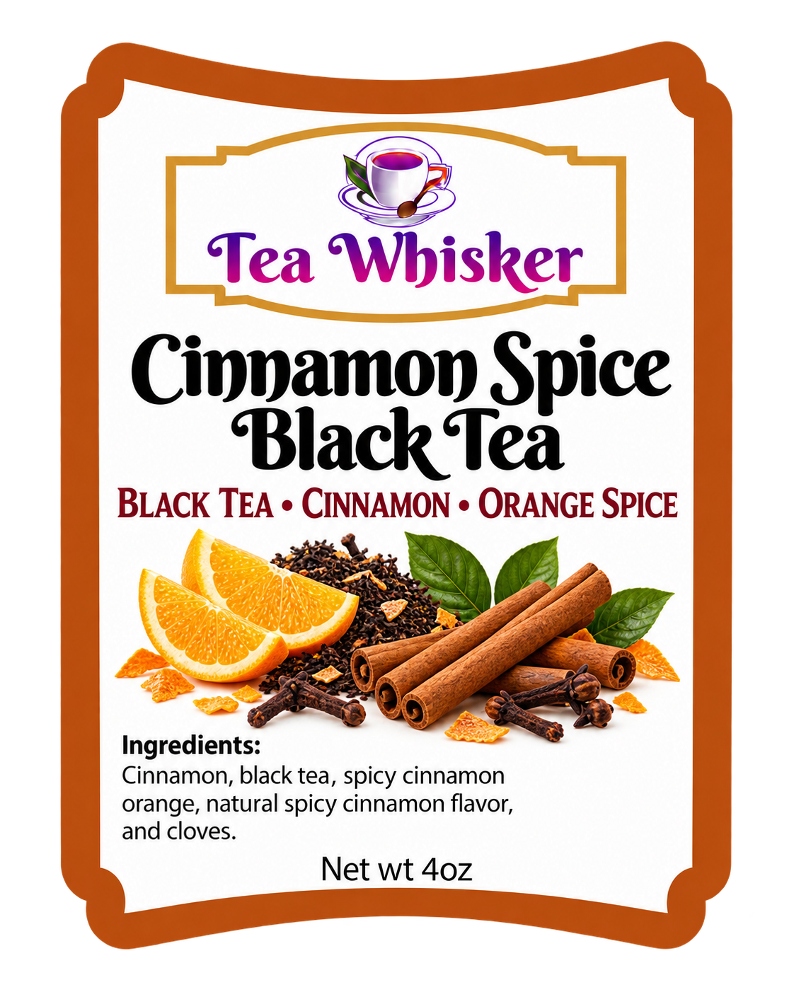 Tea Whisker Cinnamon Spice Black Tea product label
