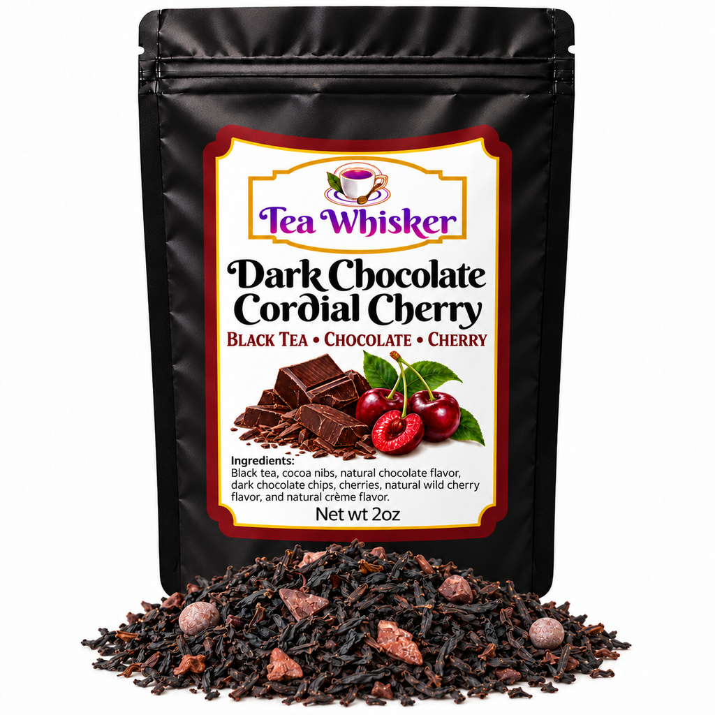 Dark Chocolate Cordial Cherry 2 oz — bag with tea