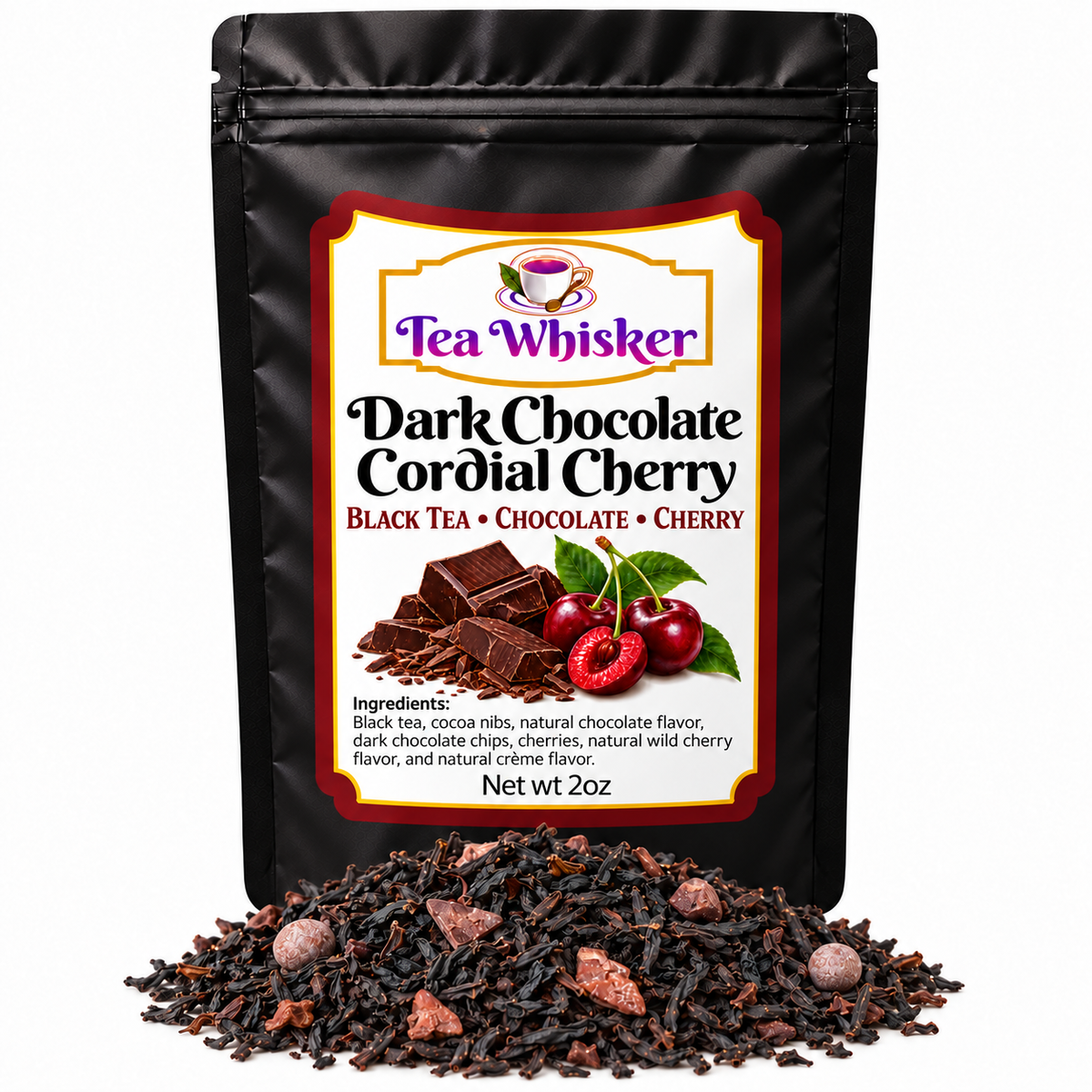 Dark Chocolate Cordial Cherry 2 oz — bag with tea