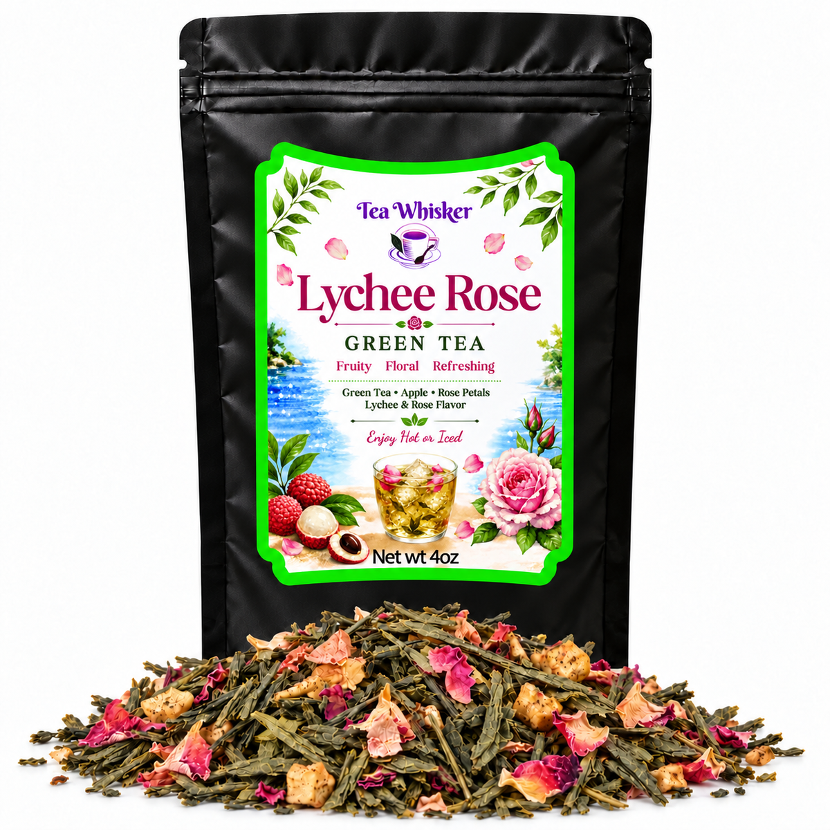 Lychee Rose Green Tea — 4 oz bag with tea