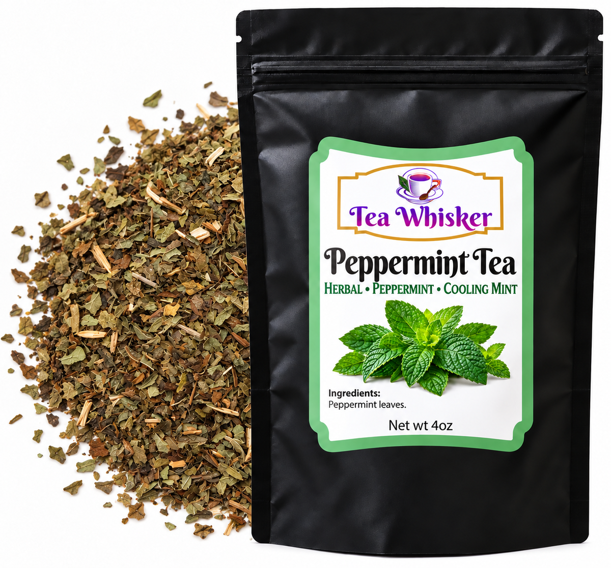 Tea Whisker Peppermint Tea bag beside loose peppermint leaves