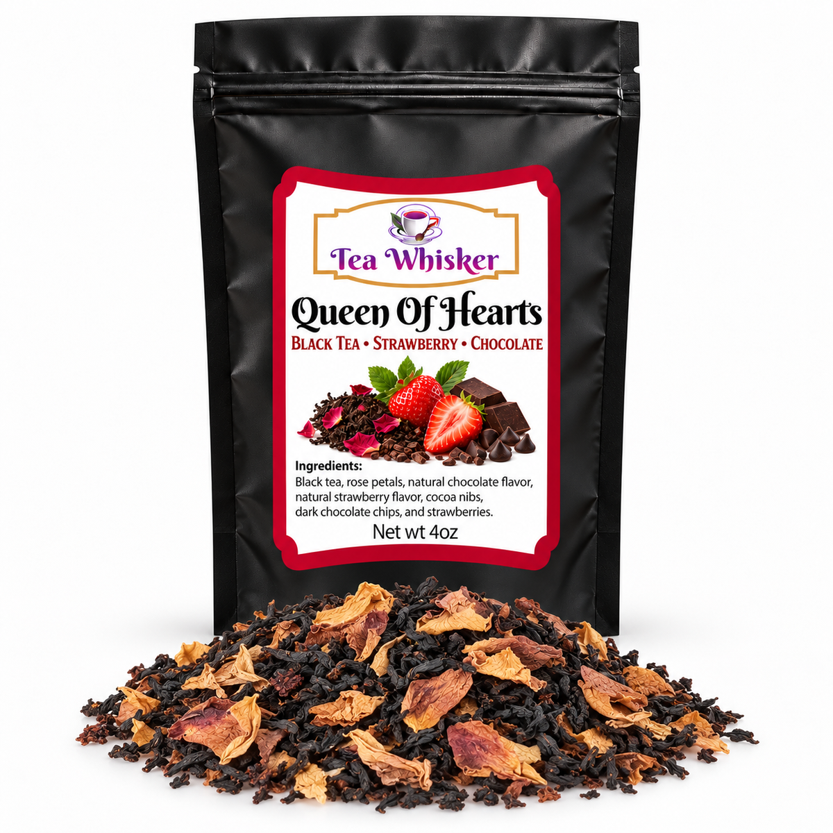 Queen Of Hearts bag with approved label and loose tea pile on white