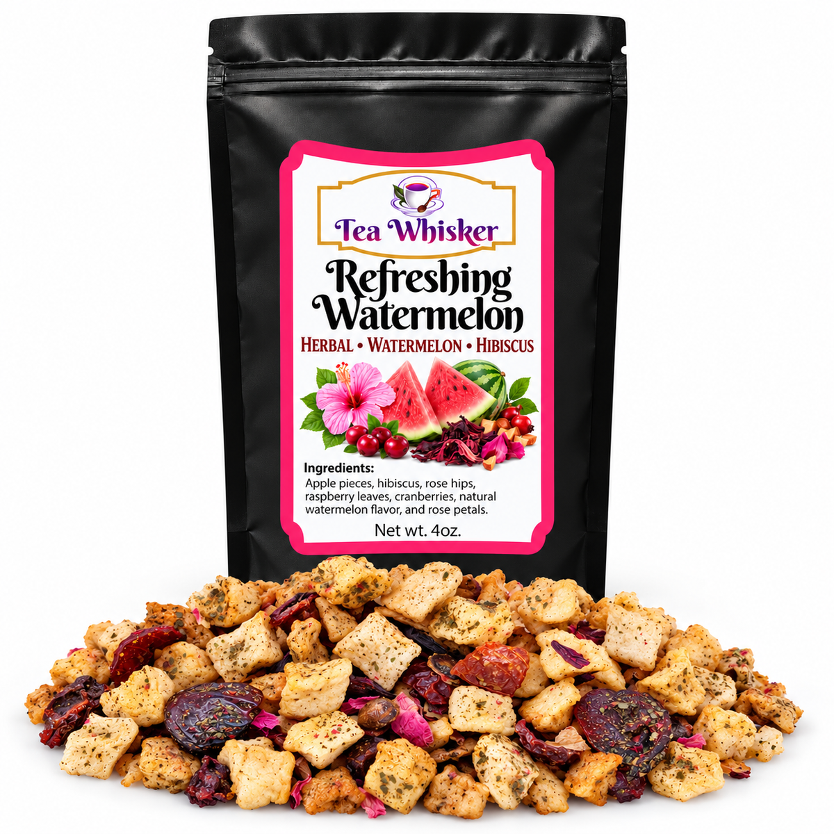 Refreshing Watermelon bag with approved label and loose tea pile on white