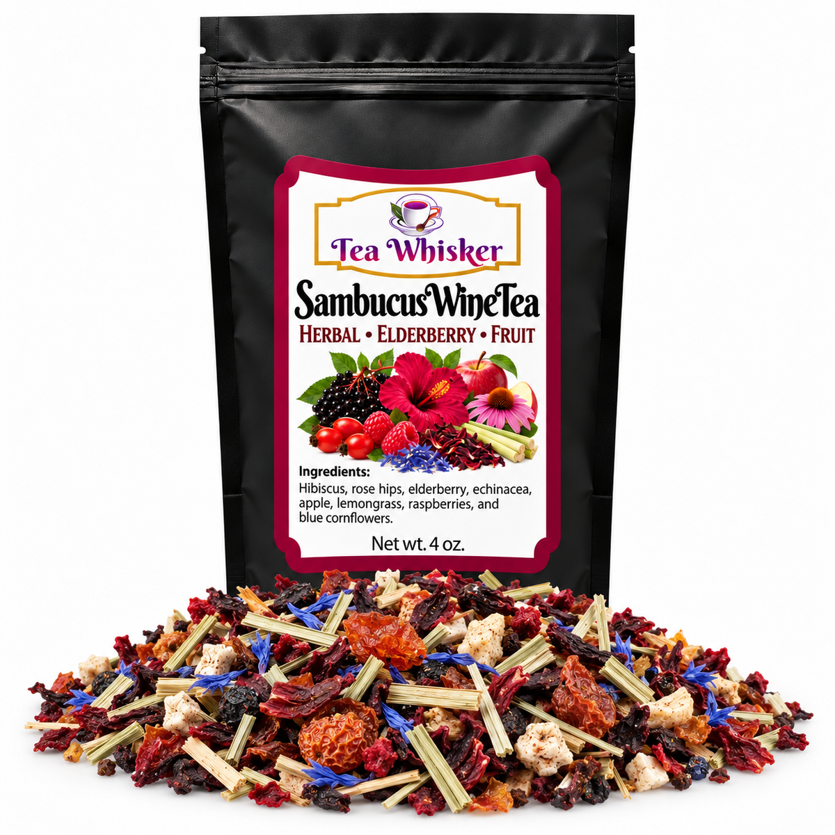 Sambucus Wine Tea bag with approved label and loose tea pile on white