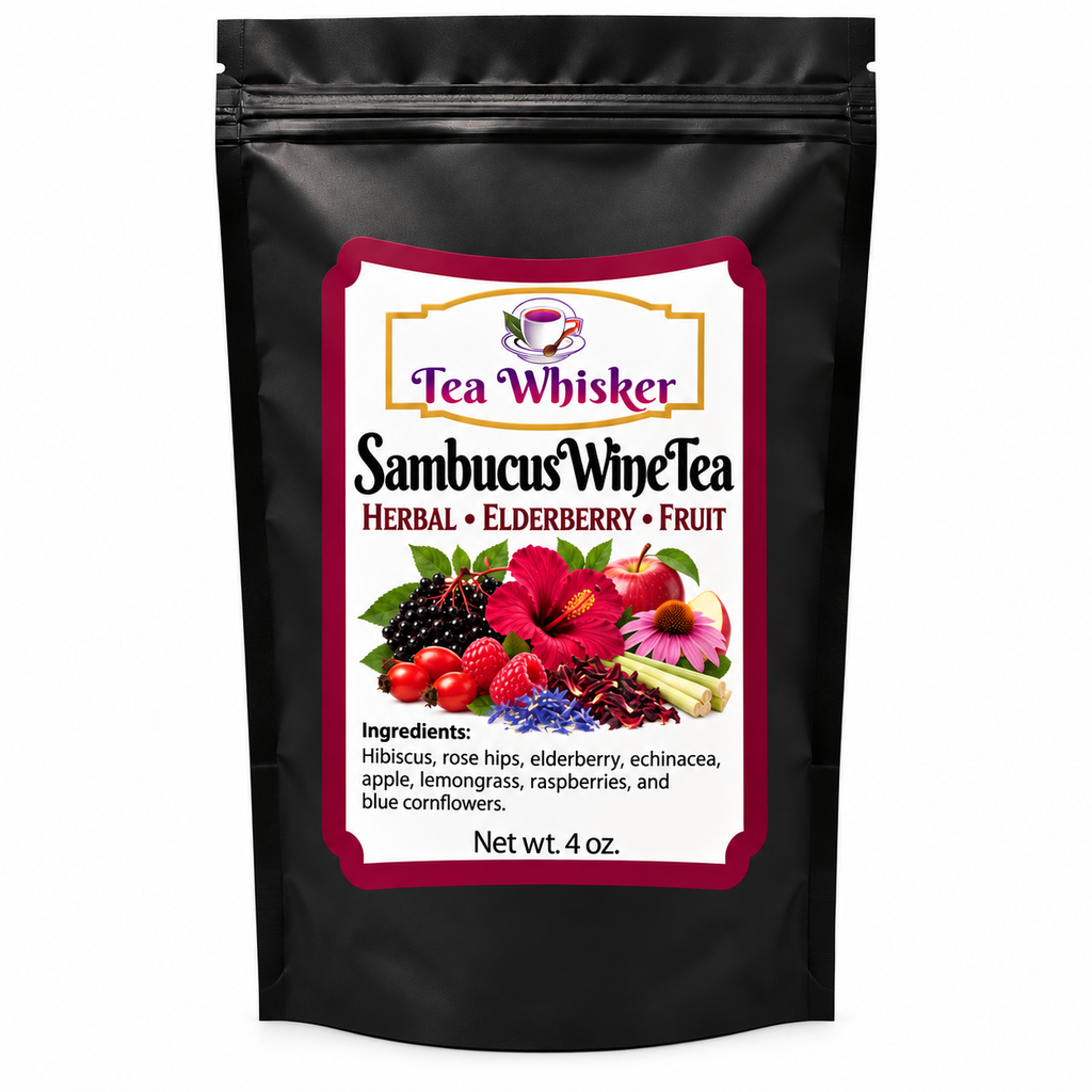 Sambucus Wine Tea standalone bag with approved hero label