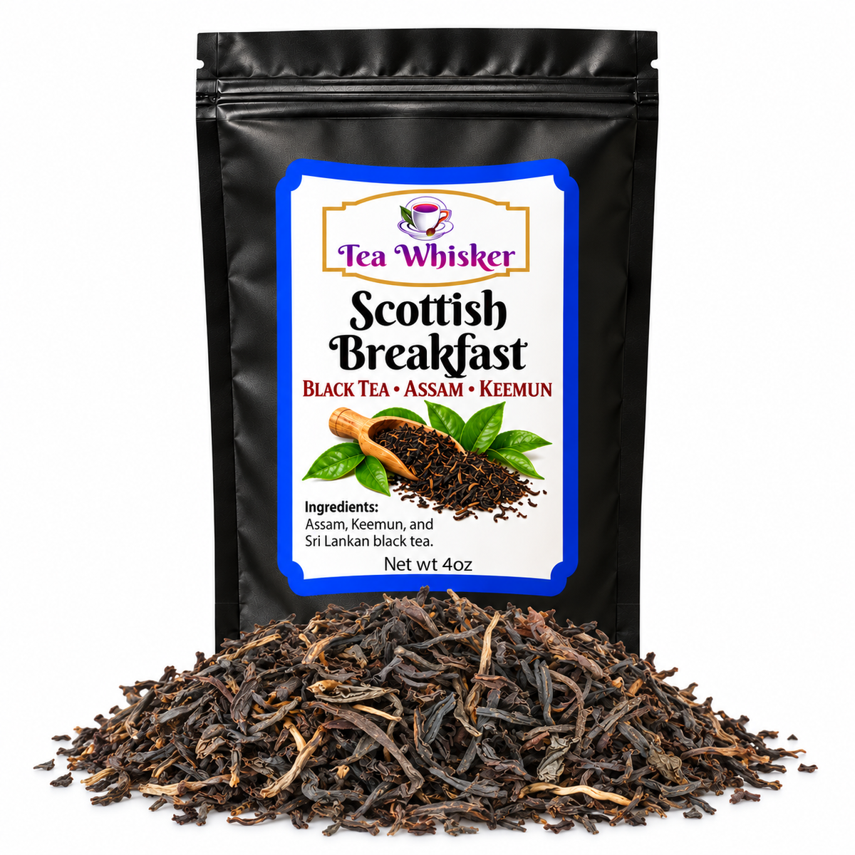 Scottish Breakfast bag with approved label and loose tea pile on white