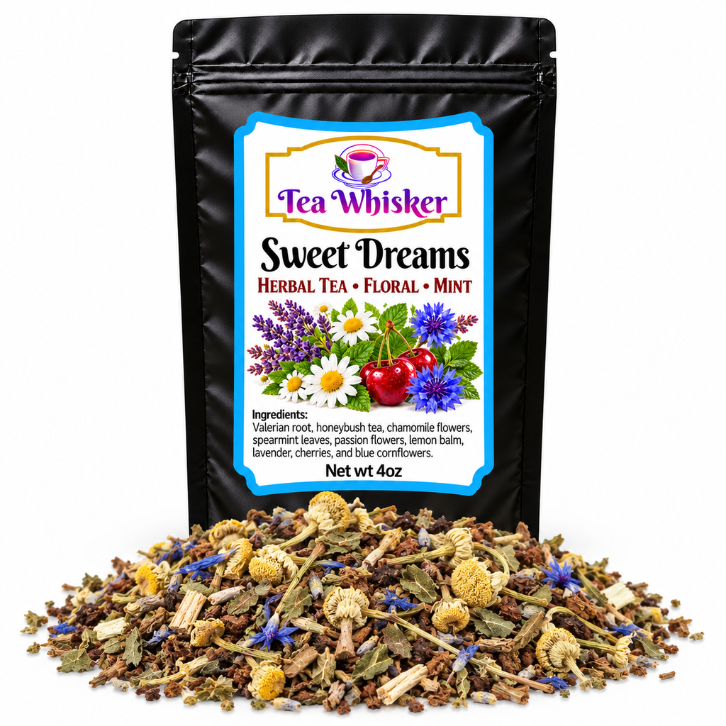 Sweet Dreams bag with approved label and loose tea pile on white