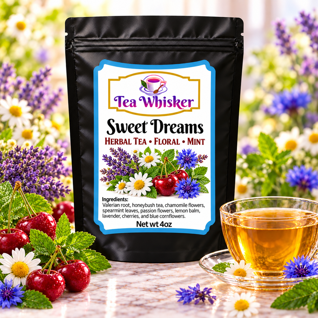 Sweet Dreams — labeled bag beside brewed tea