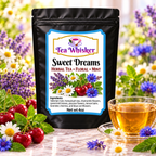 Sweet Dreams — labeled bag beside brewed tea