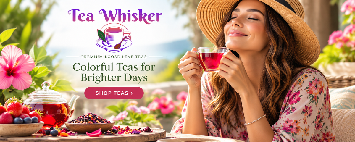 Tea Whisker colorful loose leaf tea lifestyle hero with woman enjoying tea