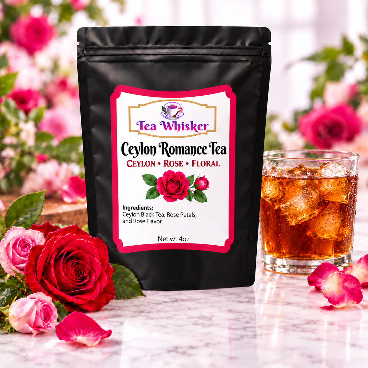 Ceylon Romance Tea Tea Whisker bag with a glass of iced tea