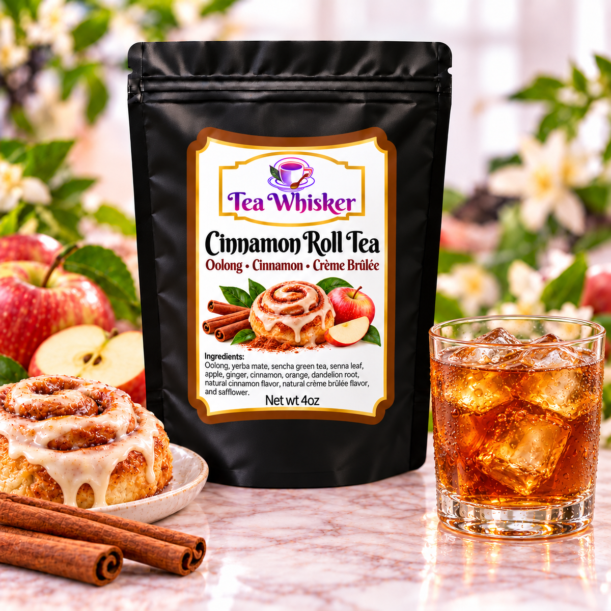 Cinnamon Roll Tea Tea Whisker bag with a glass of iced tea