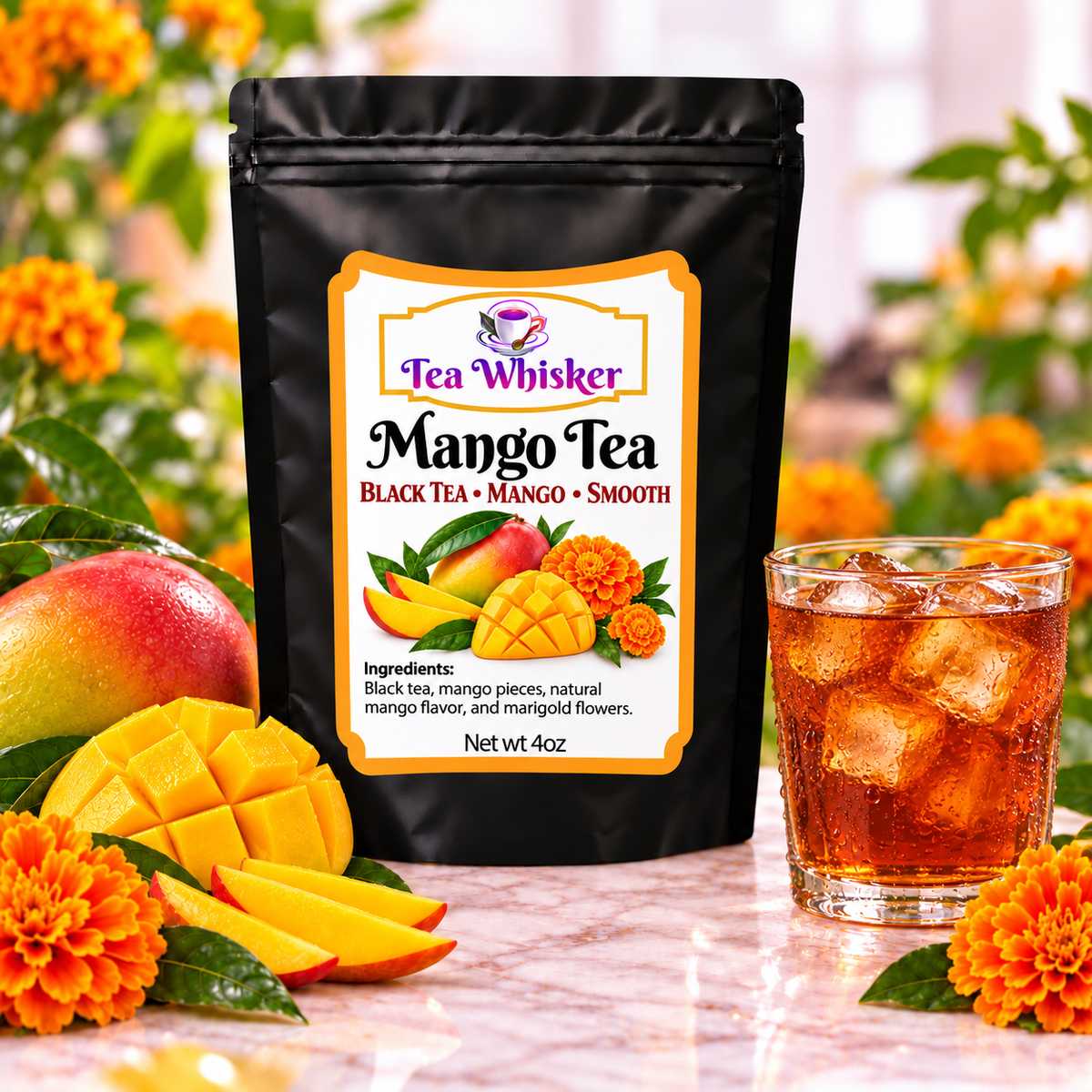 Mango Tea Tea Whisker bag with a glass of iced tea