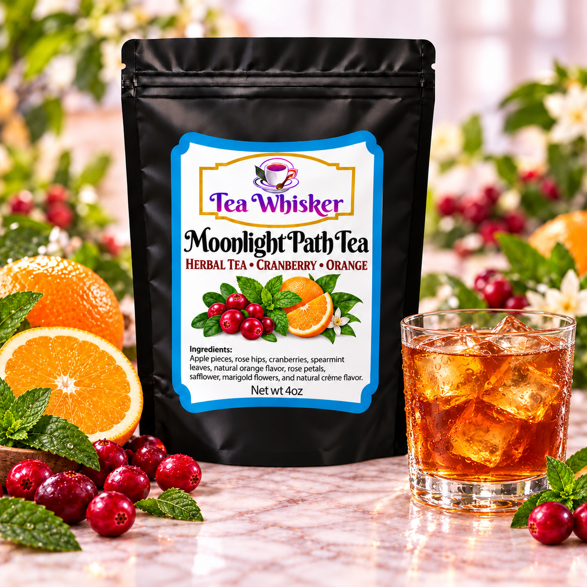 Moonlight Path Tea Tea Whisker bag with a glass of iced tea