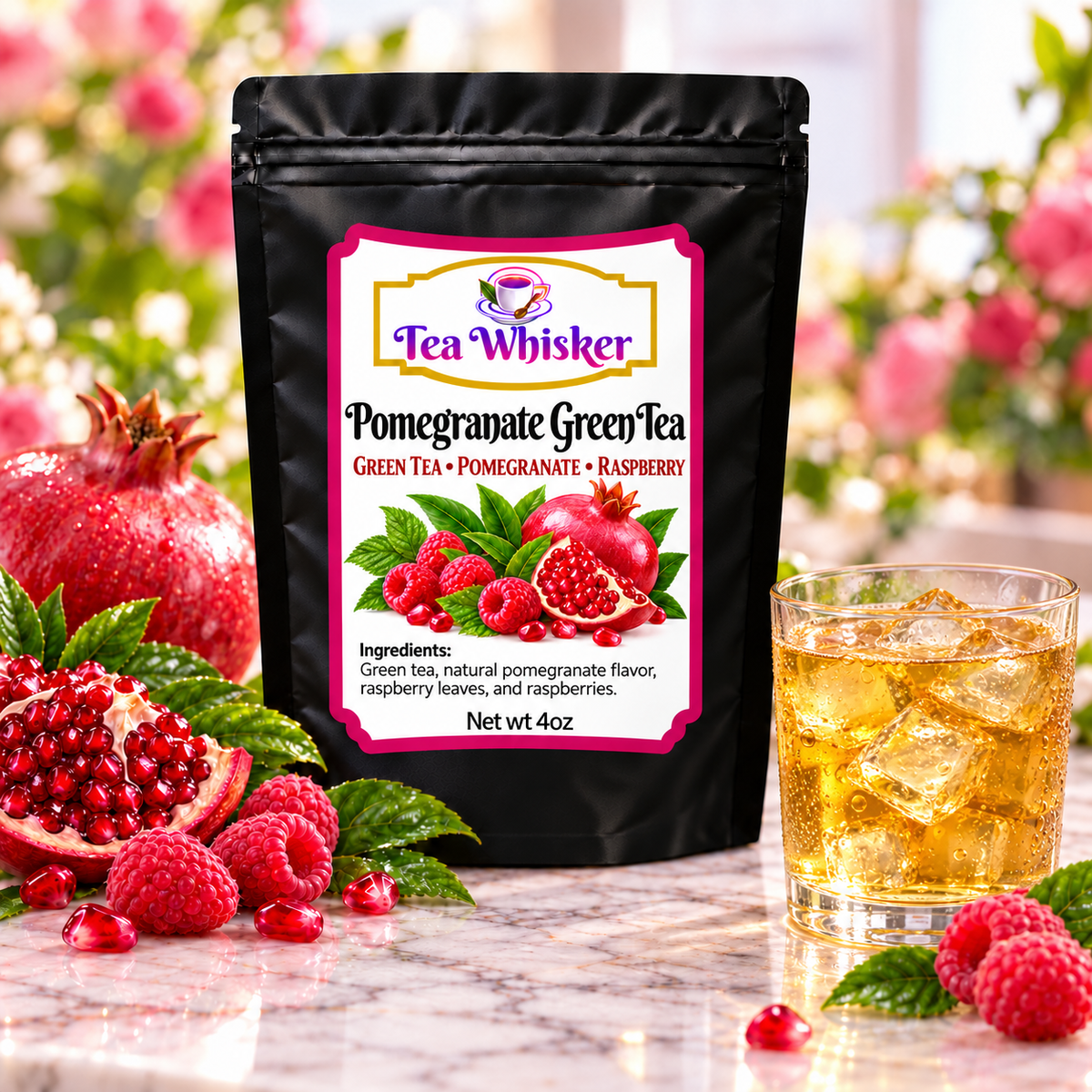 Pomegranate Green Tea Tea Whisker bag with a glass of iced tea