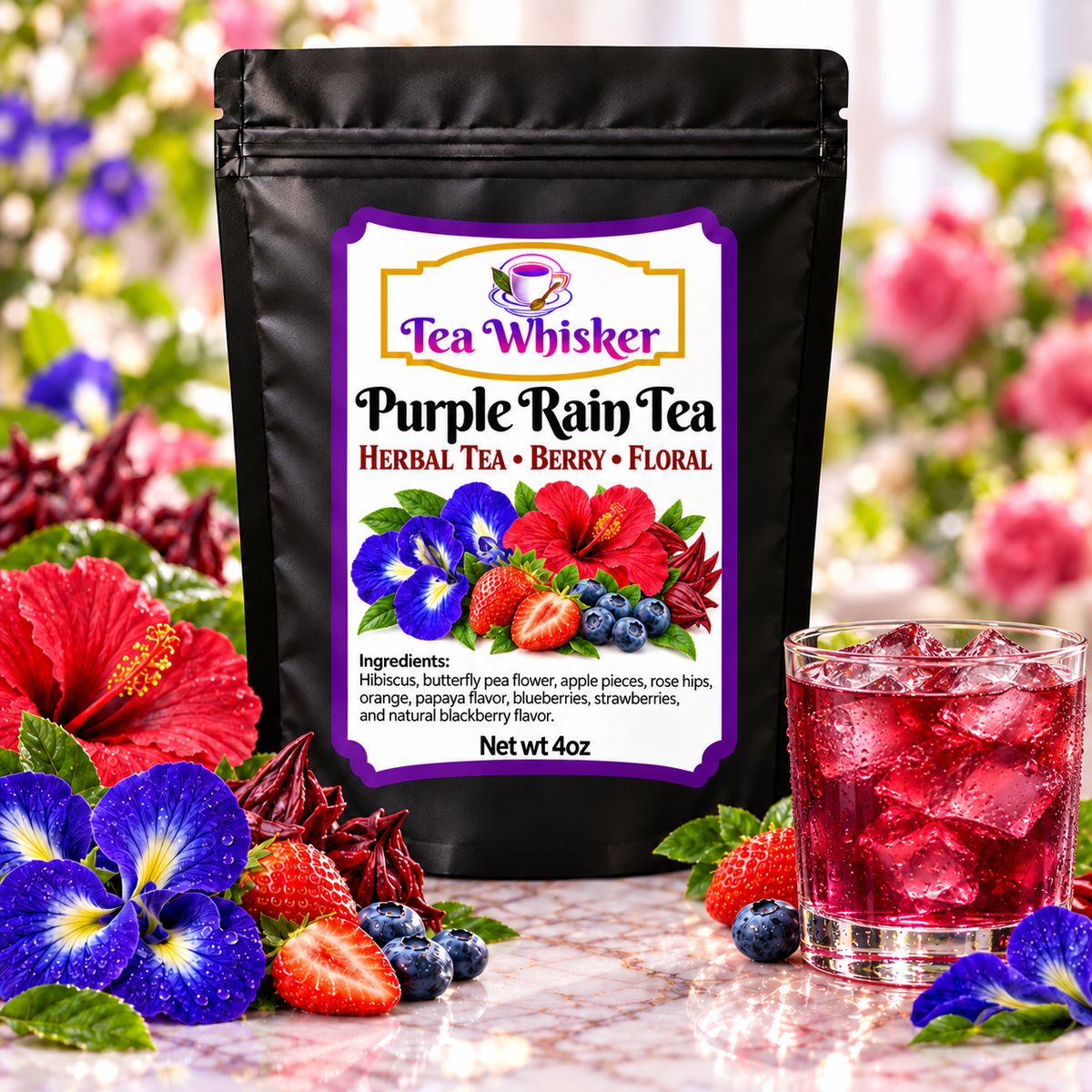 Purple Rain Tea Tea Whisker bag with a glass of iced tea