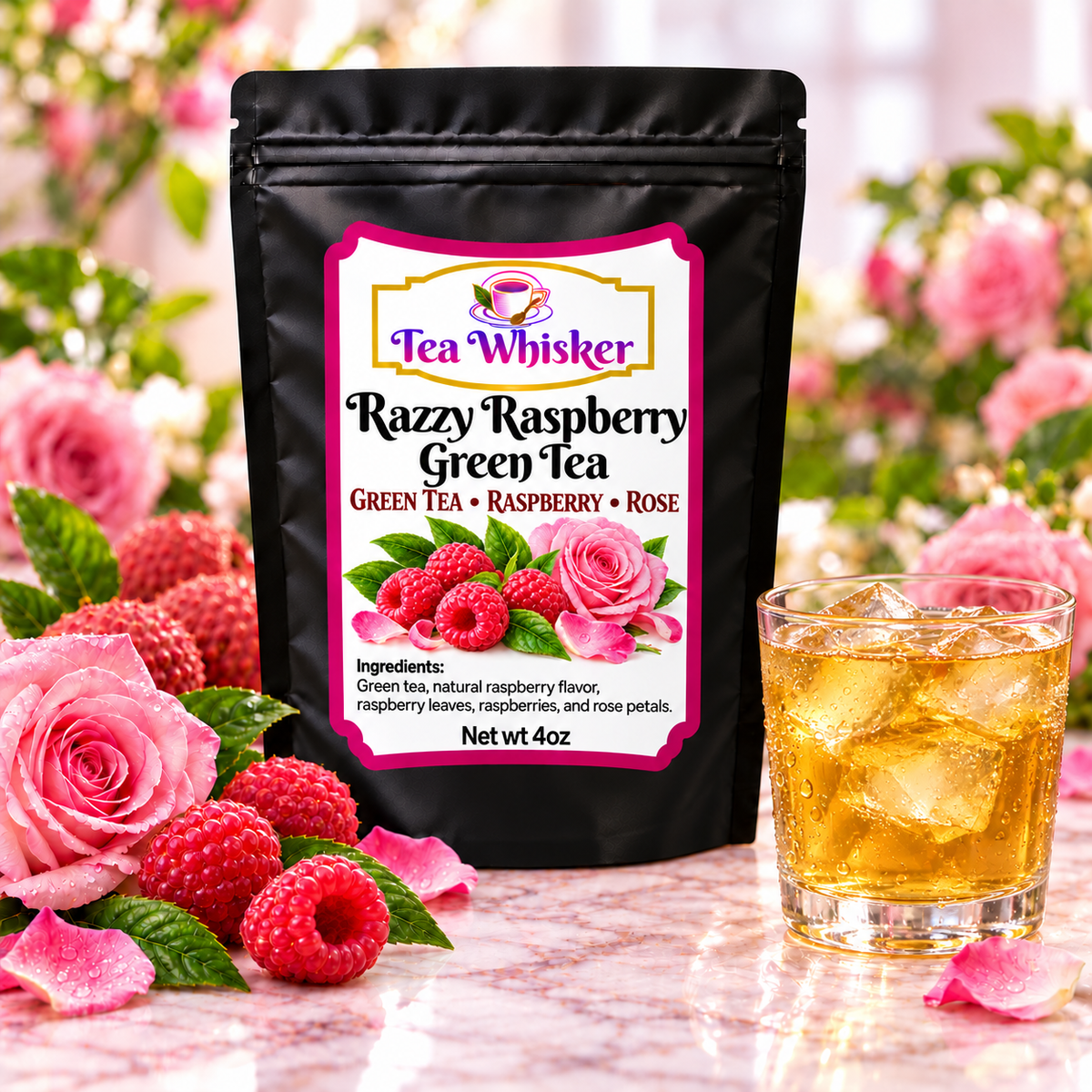Razzy Raspberry Green Tea Tea Whisker bag with a glass of iced tea