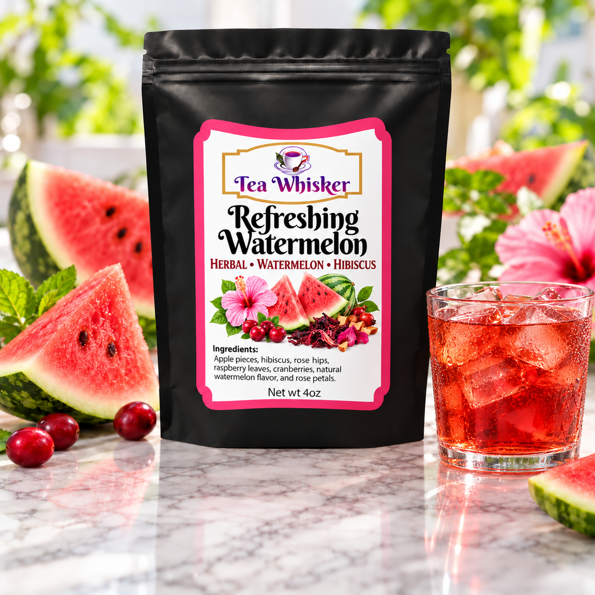 Refreshing Watermelon Tea Whisker bag with a glass of iced tea
