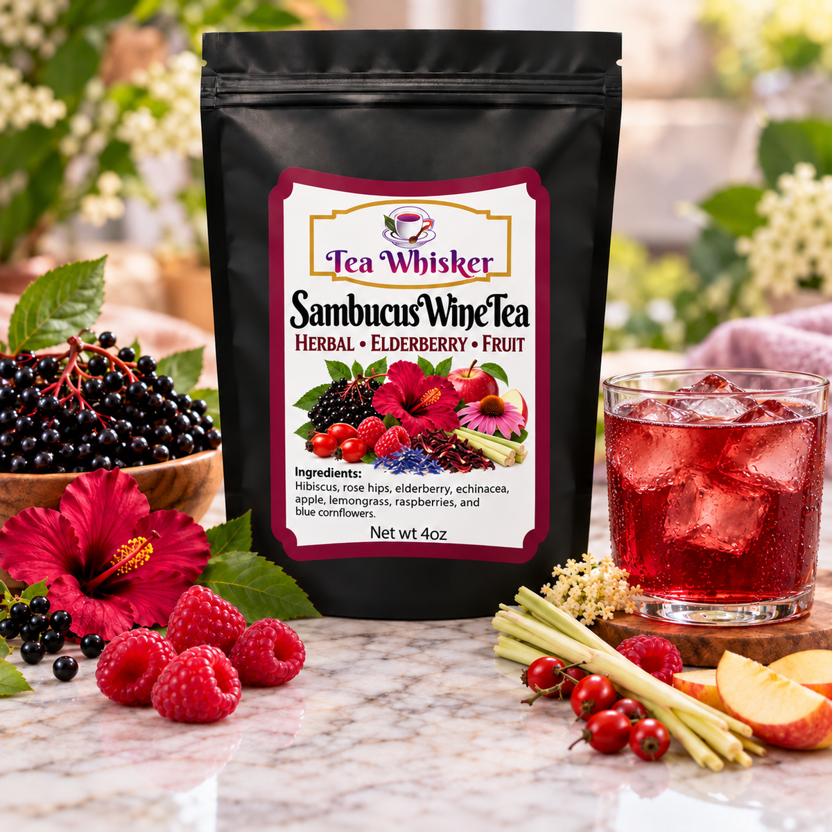 Sambucus Wine Tea Tea Whisker bag with a glass of iced tea